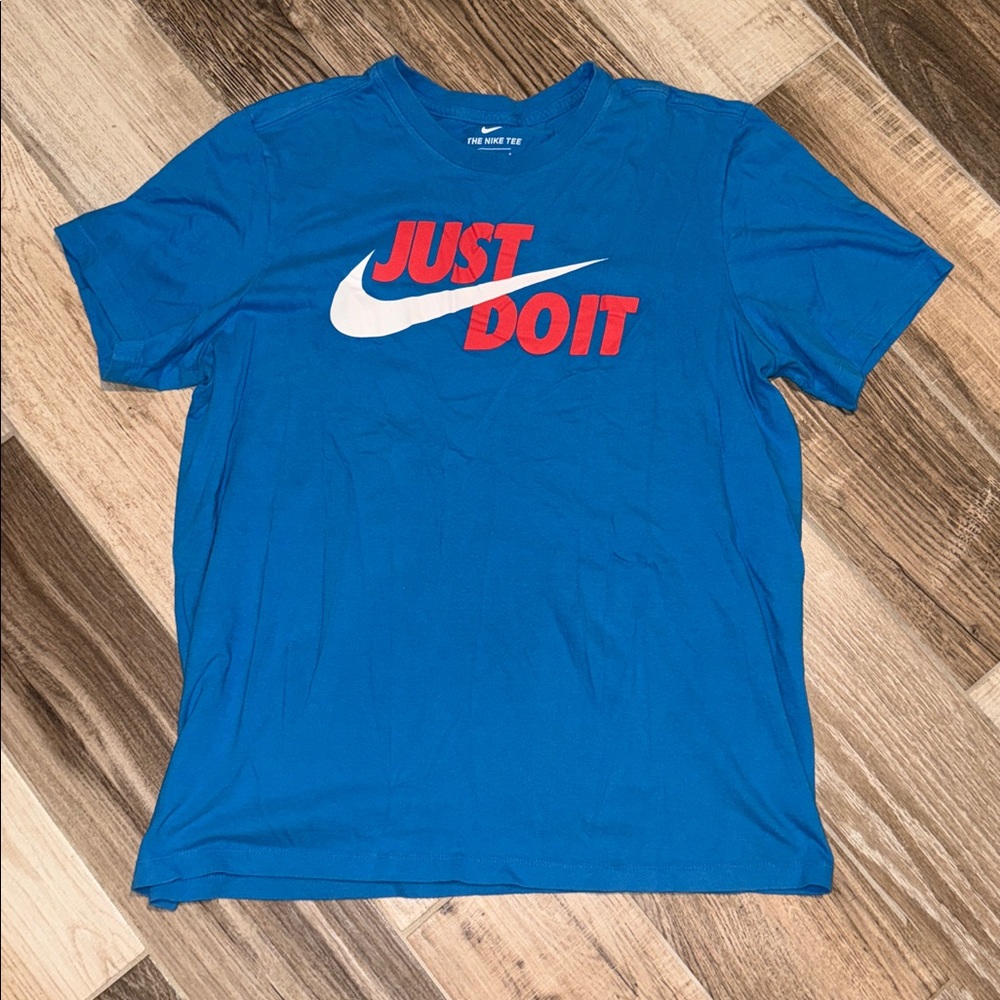 Nike Blue Tee with red/orage 'Just Do It' Slogan Sz L